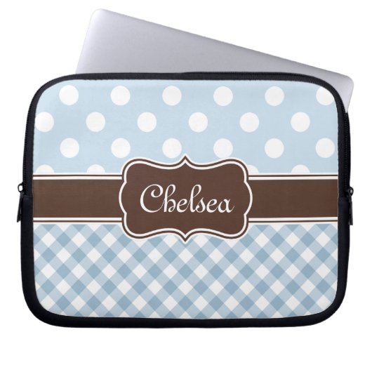 Blue Polka Dot Gingham Patterns Brown Name Laptopschutzhülle (Vorderseite)