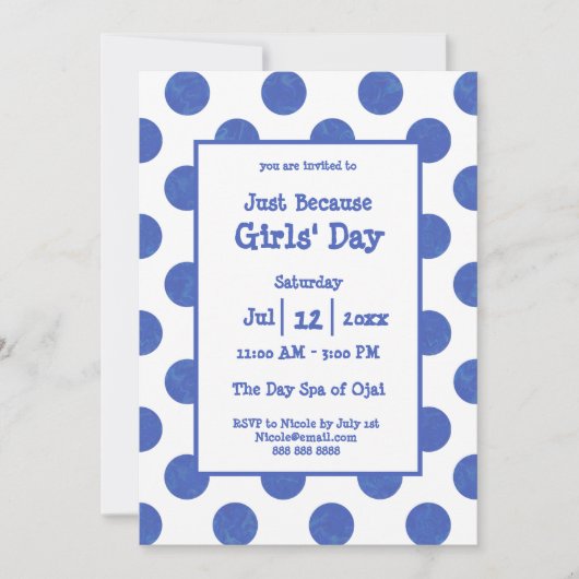 Blue Polka Dot Just Because Girls's Day at Spa Einladung (Vorderseite)