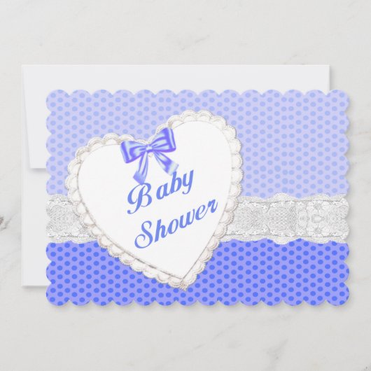 Blue Polka Dot Lace Heart Baby Dusche Einladung (Vorderseite)