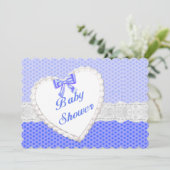 Blue Polka Dot Lace Heart Baby Dusche Einladung (Stehend Vorderseite)
