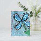 Blue Polka Dot Mixed Media Blume Postkarte (Stehend Vorderseite)