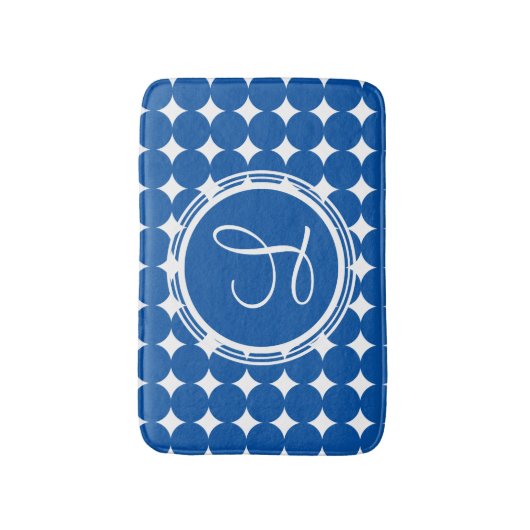 Blue Polka Dot Monogram Badematte (Vorderseite Vertikal)