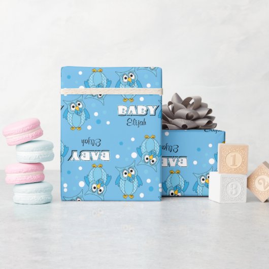 Blue Polka Dot Owl Baby Showthema Geschenkpapier (Babyparty)