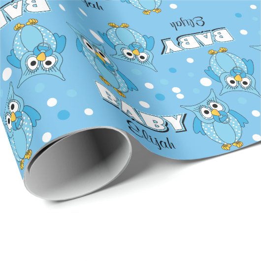 Blue Polka Dot Owl Baby Showthema Geschenkpapier (Rolleneckpunkt)
