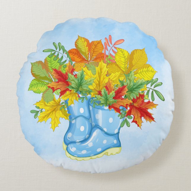 Blue Polka-dot Rain Boots Herbstlaube Rundes Kissen (Vorderseite)