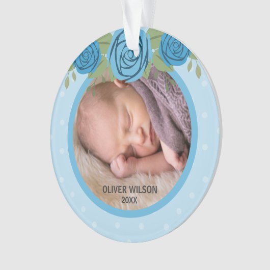 Blue Polka Dot Rose Das erste Weihnachtsfest im Ba Ornament (Vorderseite)