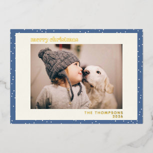 Blue Polka Dot Snow Simple Foto Gold Folien Feiertagskarte