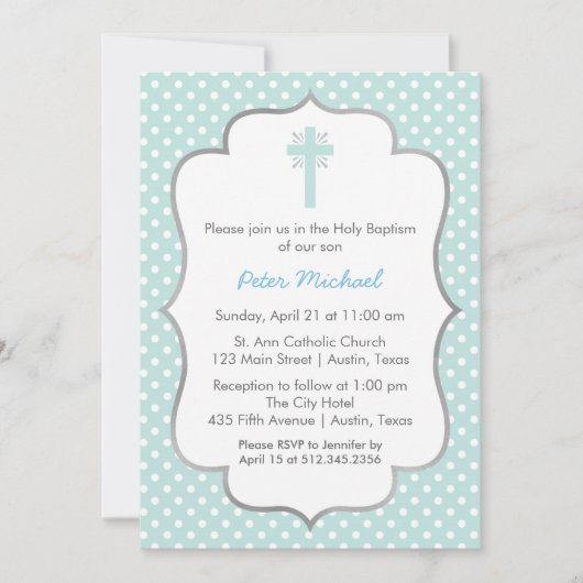 Blue Polka Dot Taufe mit Kreuz- und Silberrahmen Einladung (Vorderseite)