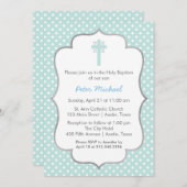 Blue Polka Dot Taufe mit Kreuz- und Silberrahmen Einladung (Vorne/Hinten)