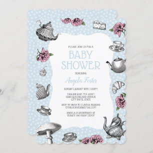 Blue Polka Dot Tea Party Babydusche Einladung