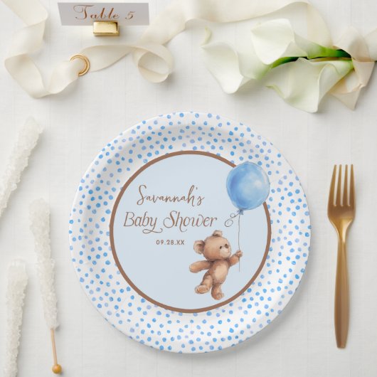 Blue Polka Dot Teddy Bear Baby Shower Paper Plate Pappteller (Hochzeit)