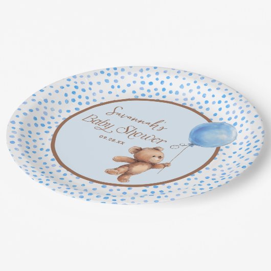 Blue Polka Dot Teddy Bear Baby Shower Paper Plate Pappteller (Schrägansicht)