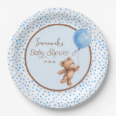 Blue Polka Dot Teddy Bear Baby Shower Paper Plate Pappteller (Vorderseite)