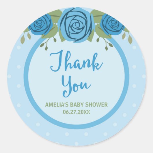 Blue Polka Dot und Rose Vielen Dank Runder Aufkleber (Vorderseite)