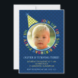 Blue Polka Dots Fun Kids Foto Geburtstagseinladung Einladung<br><div class="desc">Eine farbenfrohe Fotovorlage Einladung perfekt für Kinder. Es hat einen dunklen Polka-Punktmuster-Hintergrund mit Farbtexten und Party mit Details. Es hat eine zirkuläre Fotovorlage für Sie,  um Ihre Kinder Foto hinzuzufügen. Wenn Sie Probleme mit der Anpassung dieser Einladung haben,  klicken Sie bitte auf den Kontaktknopf oben.</div>
