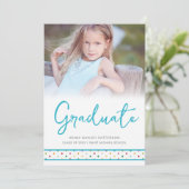 Blue Polka Dots Funny Graduate Photo Graduation Einladung (Stehend Vorderseite)