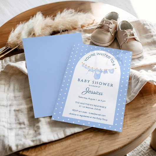 Blue Polka Dots Hanging Clothes Baby Shower Einladung