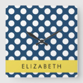 Blue Polka Dots, Polka Dot Pattern, Ihr Name Quadratische Wanduhr (Vorderseite)
