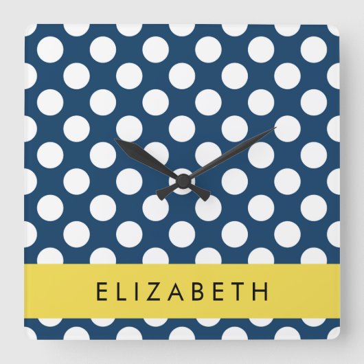 Blue Polka Dots, Polka Dot Pattern, Ihr Name Quadratische Wanduhr (Vorderseite)