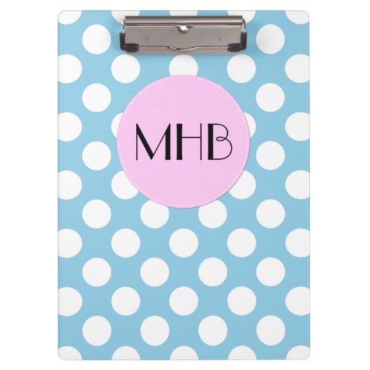 Blue Polka Dots, Polka Dot Pattern, Monogramm Klemmbrett (Vorderseite)