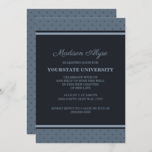 Blue Polka Dots Uni Trunk Party Einladung (Vorne/Hinten)