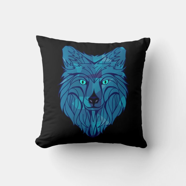 Blue Poly Wolf Head Kissen (Vorderseite)