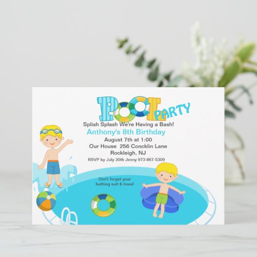 Blue Pool Party Boys Geburtstag Einladung (Stehend Vorderseite)