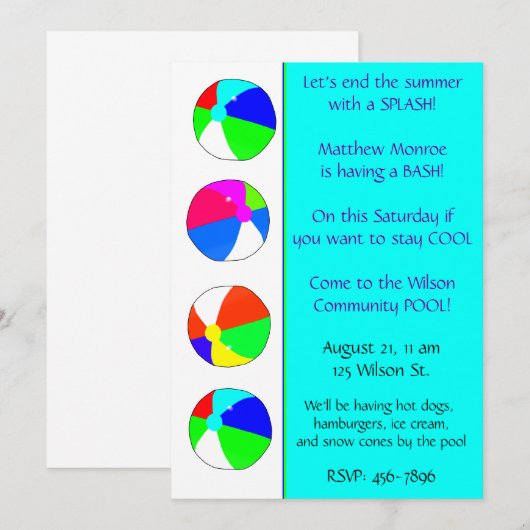 Blue Pool Party Einladung (Vorne/Hinten)