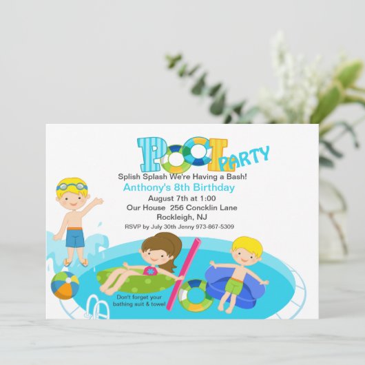 Blue Pool Party Geburtstag Einladung (Stehend Vorderseite)
