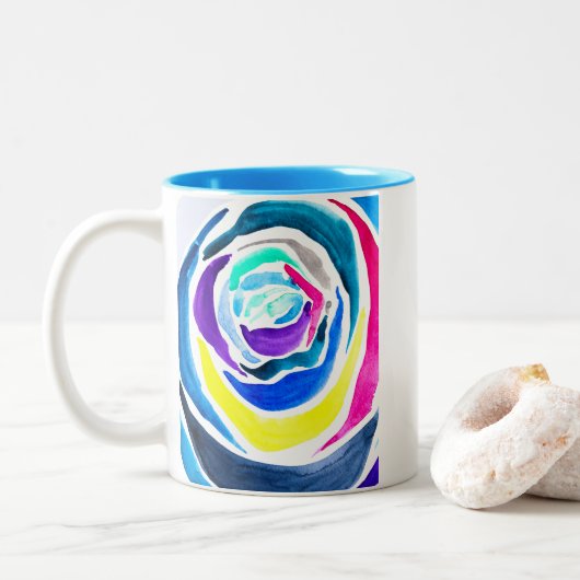 Blue Pop Art Rose Aquarell Zweifarbige Tasse (Mit Donut)