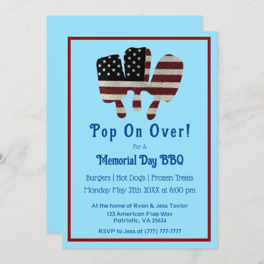 Blue Pop on Over Memorial Day Patriotic Popsights Einladung (Vorne/Hinten)