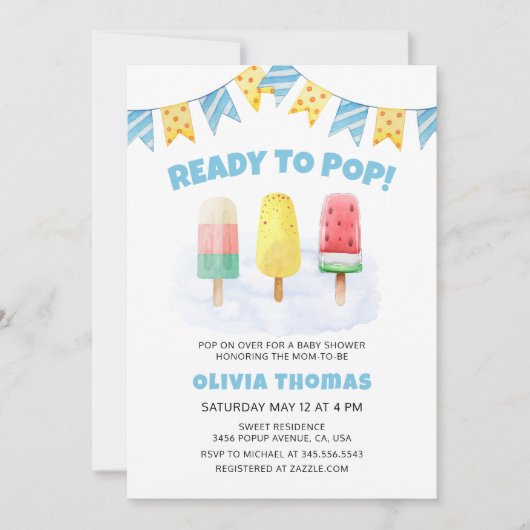 Blue Popcile ready to Pop Ice Cream Baby Dusche Einladung (Vorderseite)