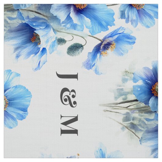 Blue Poppies Floral Wedding Fabric with Monogram Stoff (Muster)