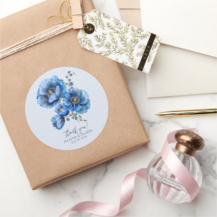 Blue Poppy Floral Wedding Vielen Dank Runder Aufkleber