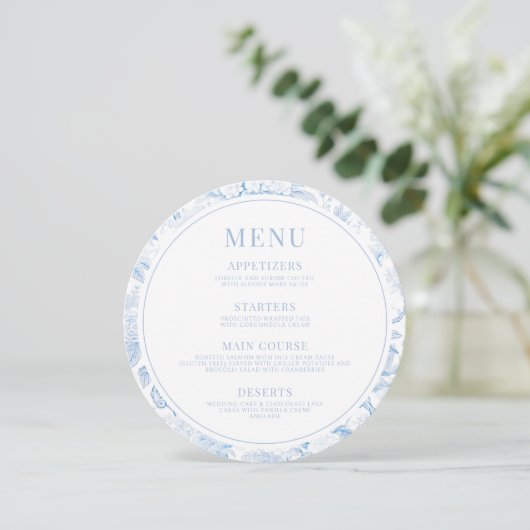 Blue Porcelain Boho Wedding Menü Sofortdownload Einladung (Stehend Vorderseite)