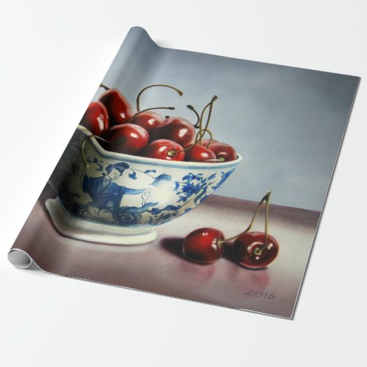 Blue Porcelain & Cherries Geschenkpapier (Ungerollt)