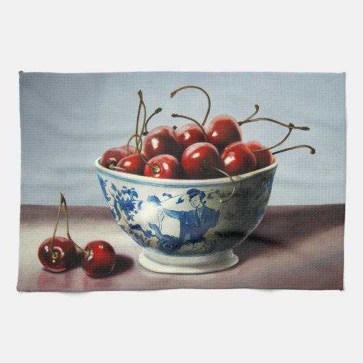 Blue Porcelain & Cherries Geschirrtuch (Horizontal)
