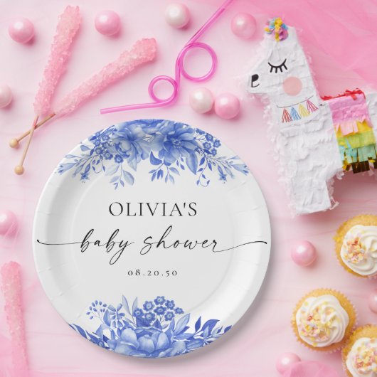 Blue Porcelain Floral Baby Dusche Pappteller (Party)