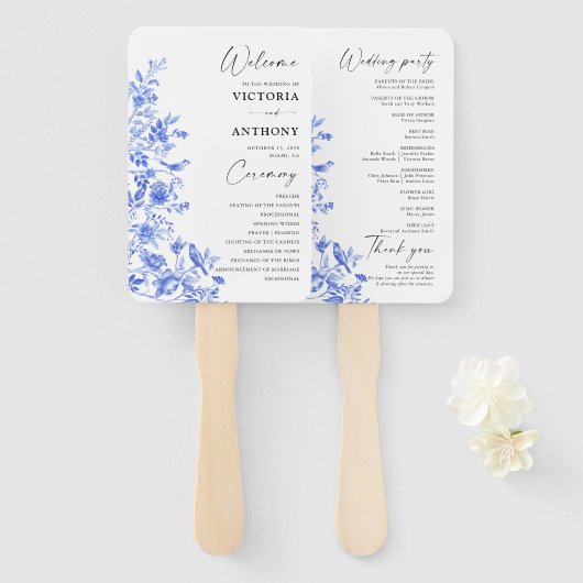 Blue Porcelain Floral Wedding Program Fächer (Vorne und Hinten)