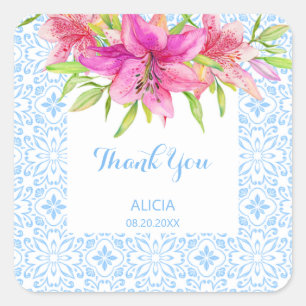 Blue portugiesisch Azulejo Tiles Lily Vielen Dank Quadratischer Aufkleber