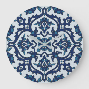 Blue Portuguese Azulejos Floral Tile Pattern Große Wanduhr