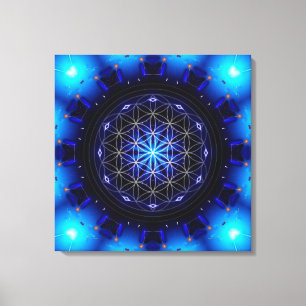 blue power mandala with flower of life leinwanddruck