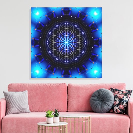 blue power mandala with flower of life leinwanddruck (Insitu (Wohnzimmer))