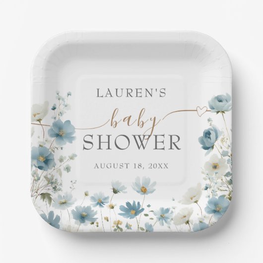 Blue Preppy Flowers Watercolor Baby Shower Pappteller (Vorderseite)