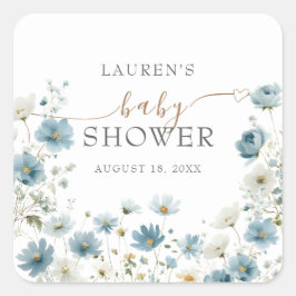 Blue Preppy Flowers Watercolor Baby Shower Quadratischer Aufkleber
