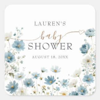 Blue Preppy Flowers Watercolor Baby Shower Quadratischer Aufkleber