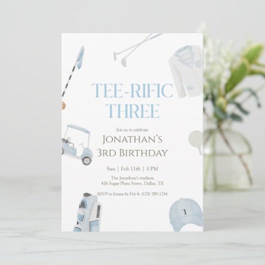 Blue Preppy Tee-Rific Three Golf Birthday Einladung (Stehend Vorderseite)