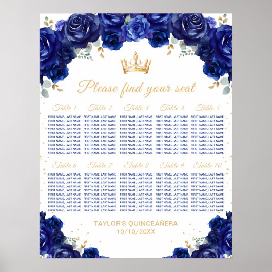 Blue Princess Quinceañera 10 Tische Sitzplan Poster (Vorne)