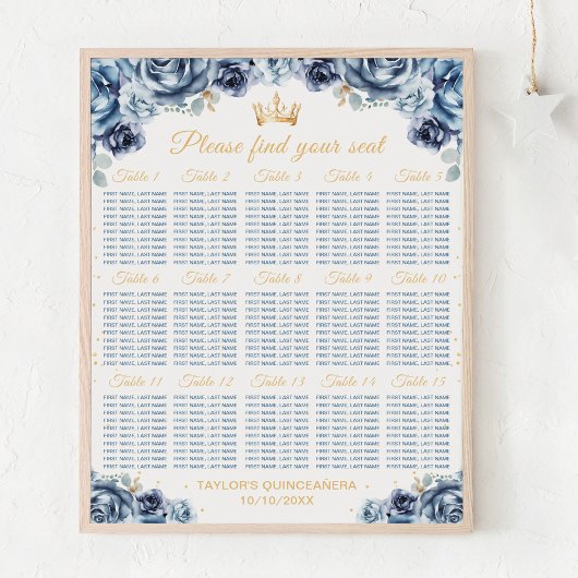 Blue Princess Quinceañera 15 Tische Sitzplan Poster