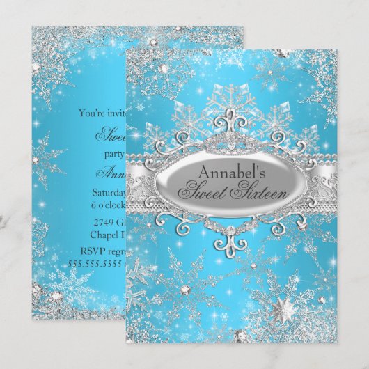 Blue Princess Winter Wonderland Sweet 16 Einladung (Vorne/Hinten)